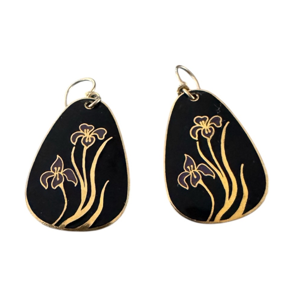 Vintage Laurel Burch Black Enamel and Gold Purple Iris Pierced Dangle Earrings
